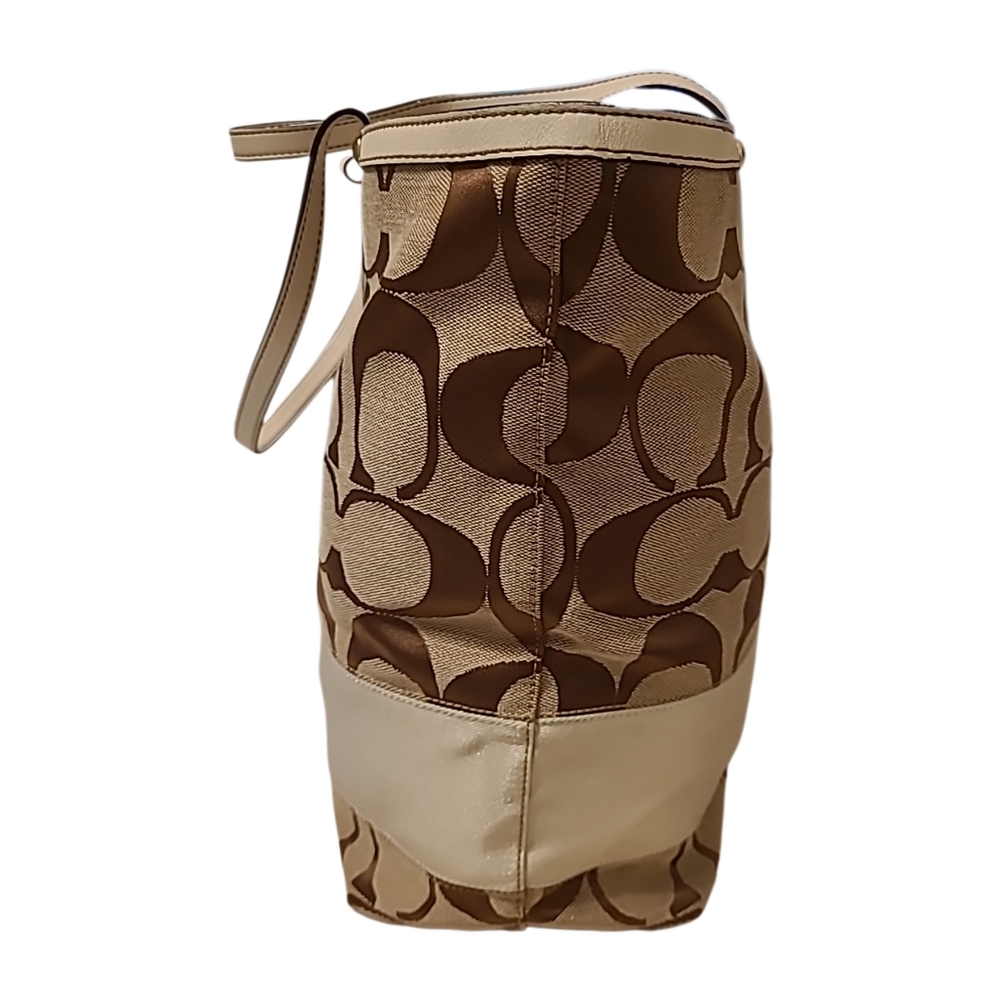 COACH Signature Khakie/Brown Ivory Leather Trimed Tote Shoulder Bag 10125 GUC - Picture 6 of 11